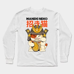 Japanese Lucky Cat Maneki Neko Samurai Long Sleeve T-Shirt